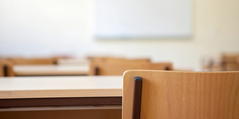 An empty classroom with a row of empty chairs.
