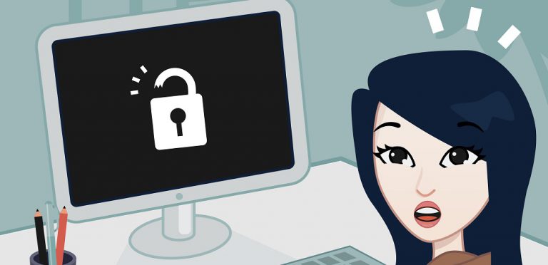 A cartoon of a surprised professional seeing their computer has been unlocked.